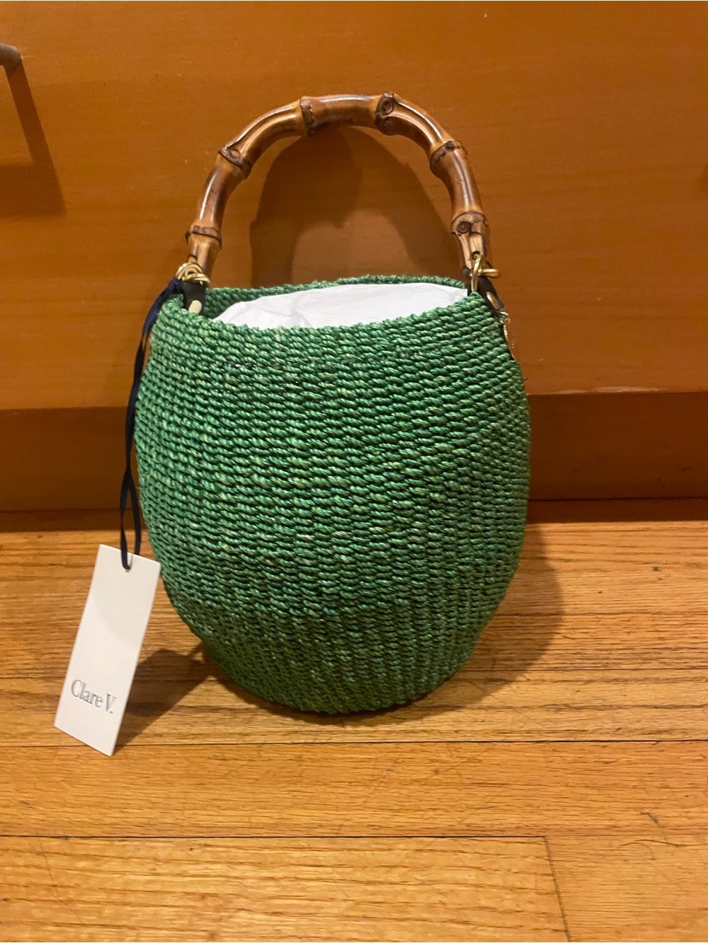 Clare V Green Woven Mini Bucket Bag with Bamboo Handle
